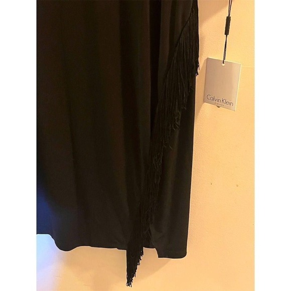 NWT Calvin Klein Black Fringed V Neck 3/4 Sleeve Sheath Dress Size 10 - Picture 4 of 5